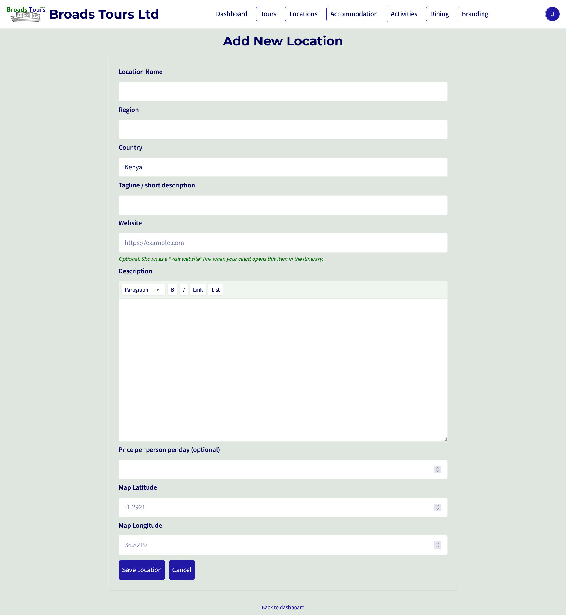 The Add New Location form: name, region, country, tagline, description and map position